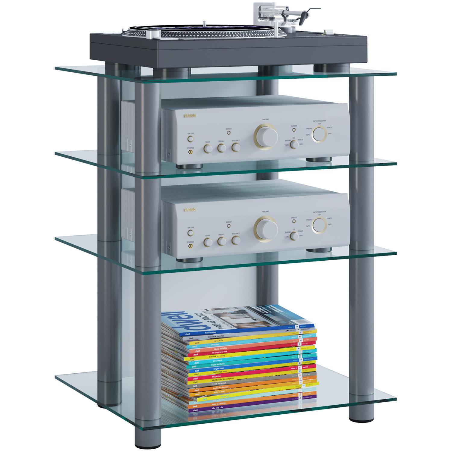 VCM NORDIC Bilus Hifi bokhylla, med 4 hyllplan - glas och grå aluminium