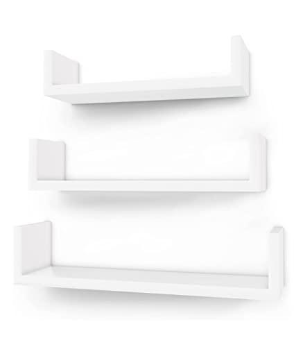 SONGMICS uppsättning med 3 moderna vägghyllor, flytande MDF-förvaringshyllor med högglansig finish och osynlig montering, vit LWS40WT