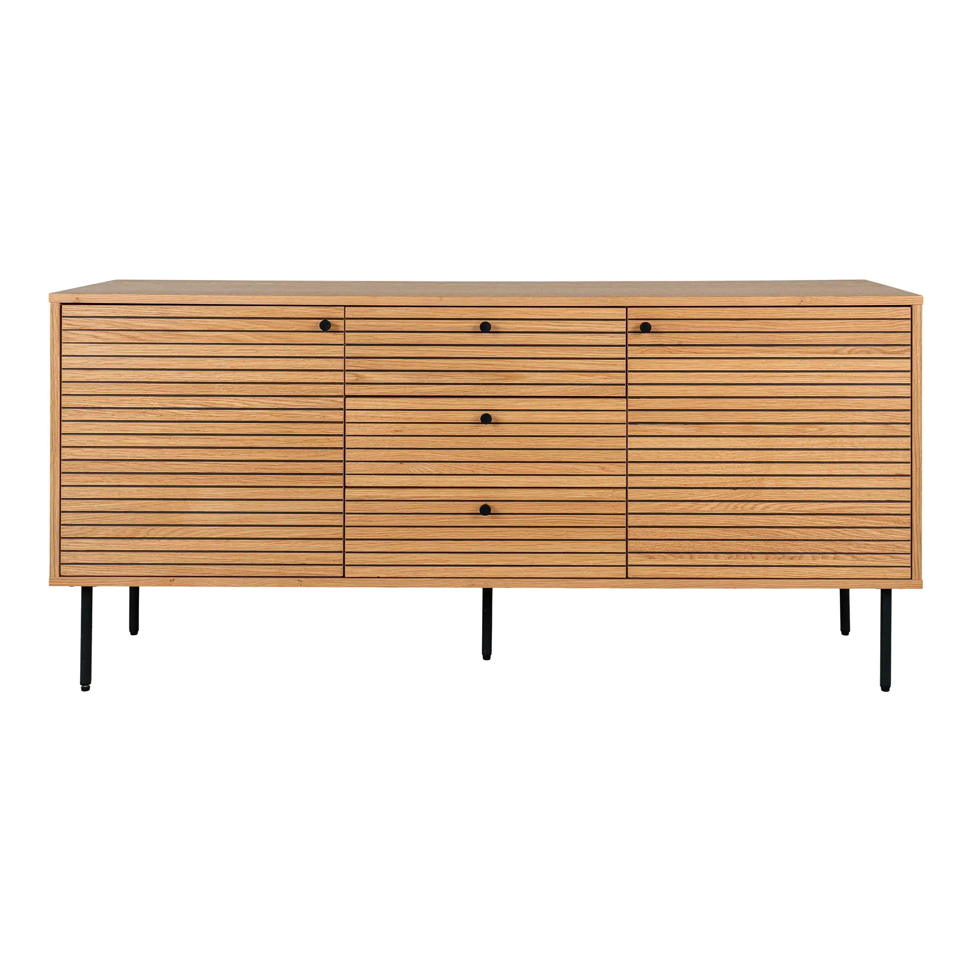 HOUSE NORDIC Sideboard, ekfanér, svarta metallben, 3 lådor, 2 luckor, 150x40x74 cm