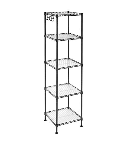 SONGMICS badrumshylla, förvaringshylla i metall, total lastkapacitet 100 kg, med 5 PP-plattor, avtagbara krokar, 30 x 30 x 123,5 cm, expanderbar design, för små utrymmen, svart och transparent LGR23BK