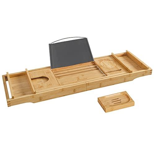 SONGMICS BCB88Y Utdragbar badhylla i bambu med dryck, bokstöd, tvålhållare 75-109 x 4,5 x 23 cm (B x H x D), Naturell, (75-109) x4,5x23 cm
