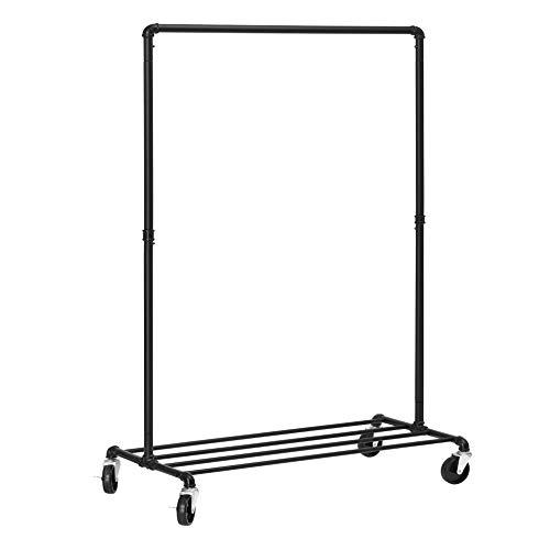 SONGMICS Klädhängare i metall på hjul, klarar 90 kg, industriell design, klädhängare med 1 klädstång och hylla, för sovrum tvättstuga, svart HSR61BK