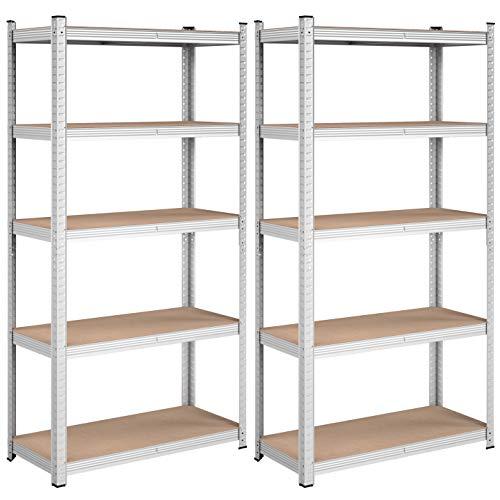SONGMICS 5-fackshyllor, 2 st stålhyllor för förvaring, verktygsfri montering, för garage, skjul, lastkapacitet 875 kg, 40 x 90 x 180 cm, silver GLR040E02