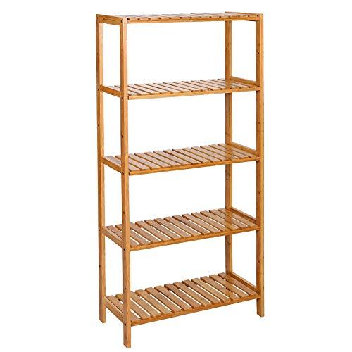 SONGMICS BCB35Y Badrum Kök Förvaring Bambu 5 hyllplan Justerbar golvhöjd Blomställ Bokhylla natur, 60 x 26 x 130 cm