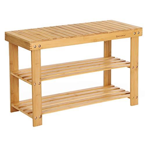SONGMICS 3-lagers skobänk i bambu, skohylla, 70 x 28 x 45 cm, perfekt för hall, badrum, vardagsrum och korridor LBS04N