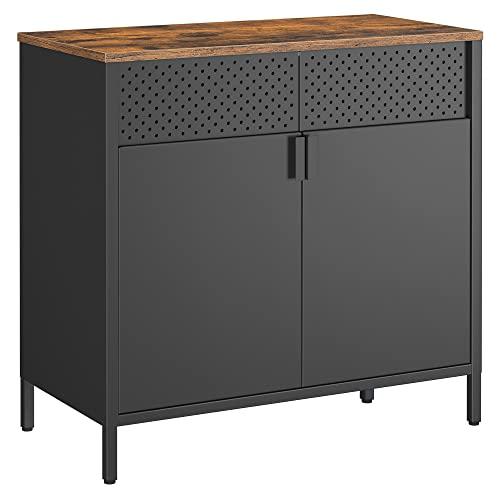 SONGMICS förvaringsskåp, golvskåp med dubbla dörrar, magnetisk stängning, justerbar hylla, stålram, industriell stil, platsbesparande, rustik brun och svart LSC102B01