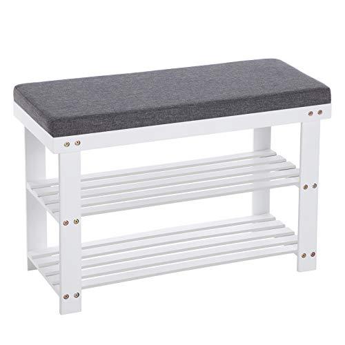 SONGMICS Skobänk i bambu, 2-facks skohylla, stabil skohållare för hall, vardagsrum, bänksits kan hålla upp till 150 kg, 71 x 29 x 49 cm, vit och grå LBS604W01