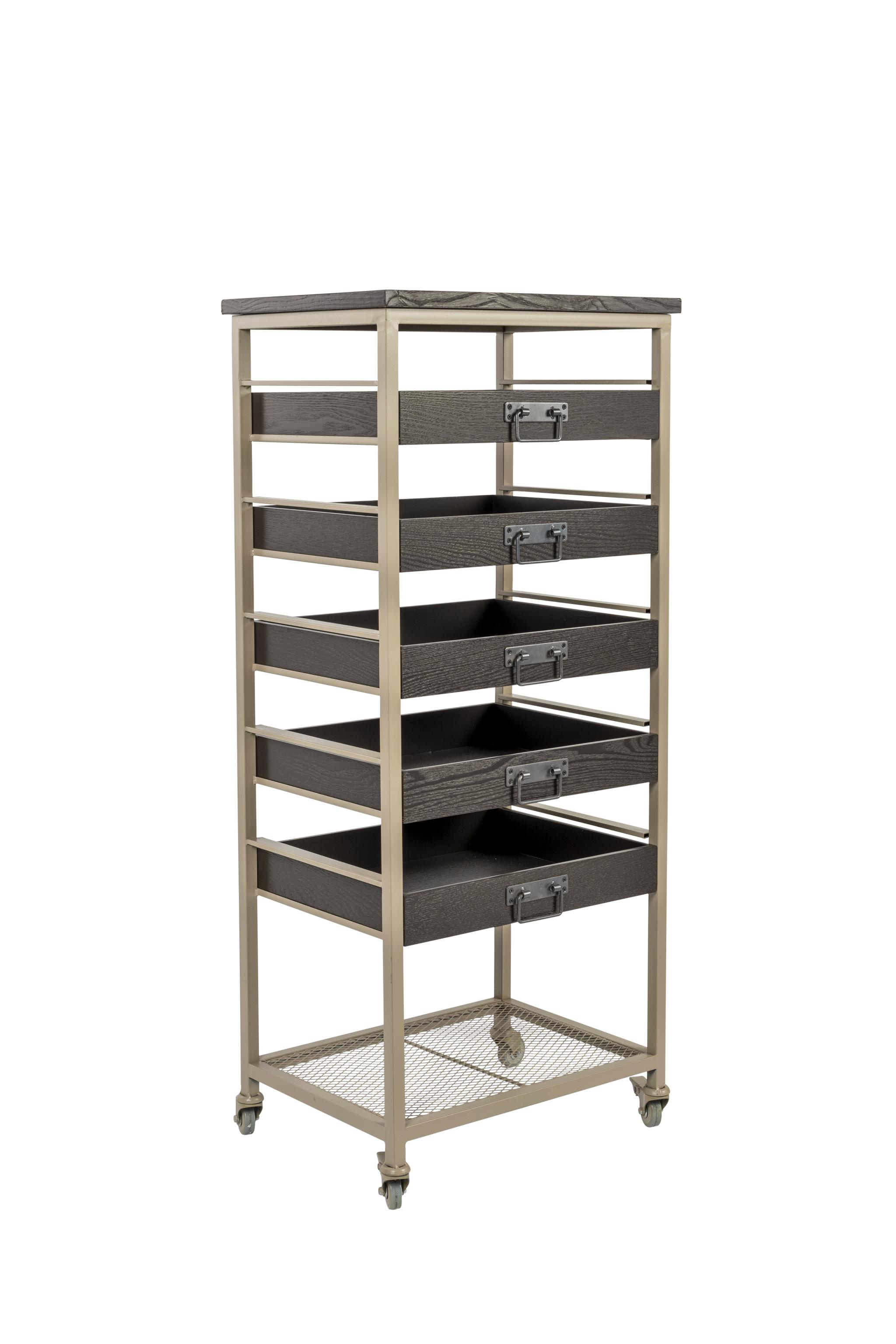 WHITE LABEL LIVING Botan S bokhylla, med 5 lådor och hjul - mörkbrun MDF och sandfärgad metall