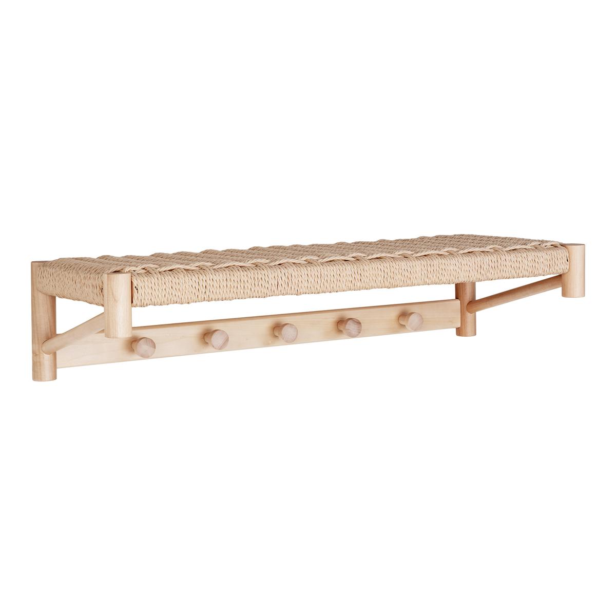 HOUSE NORDIC Abano hatthylla, m. flätad hylla och 5 krokar - naturpappersnöre och poppelträ (78x31)