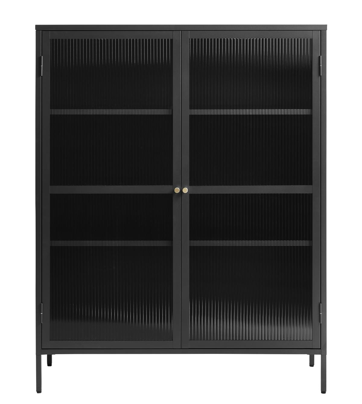 Bronco glasskåp, med 2 dörrar och 3 hyllor - räfflat glas och svart metall (H:140)