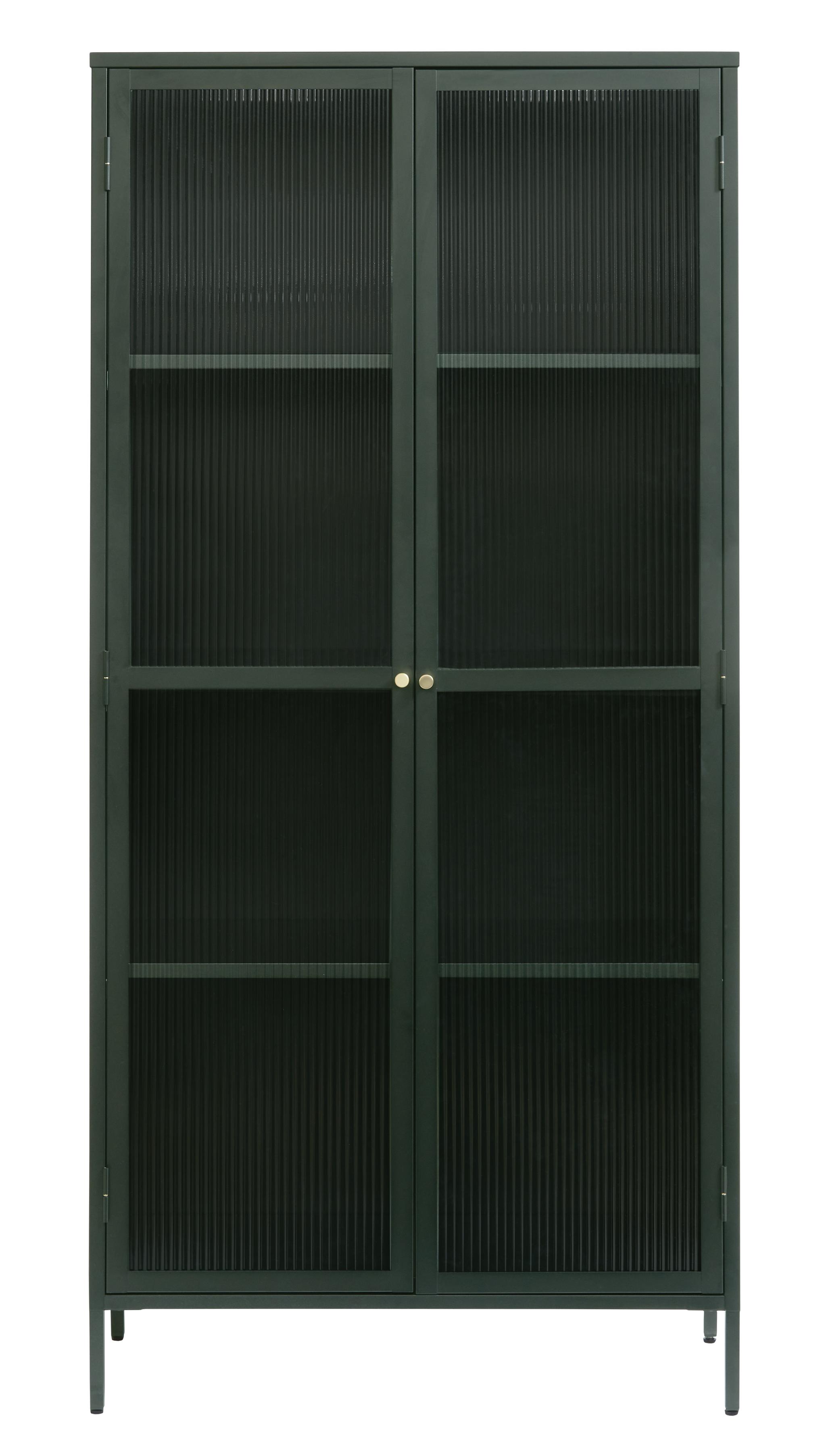 Bronco vitrinskåp, m. 2 dörrar och 3 hyllor - räfflat glas och grangrön metall (H:190)