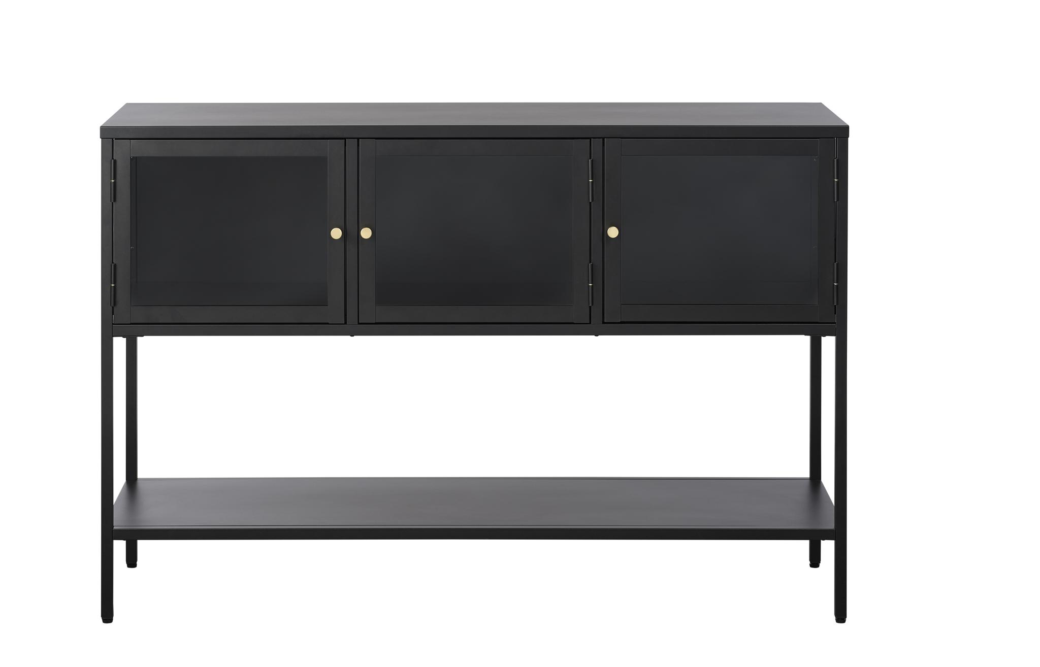 Carmel skänk, höga ben, m. 3 luckor och 1 hylla - glas och svart metall