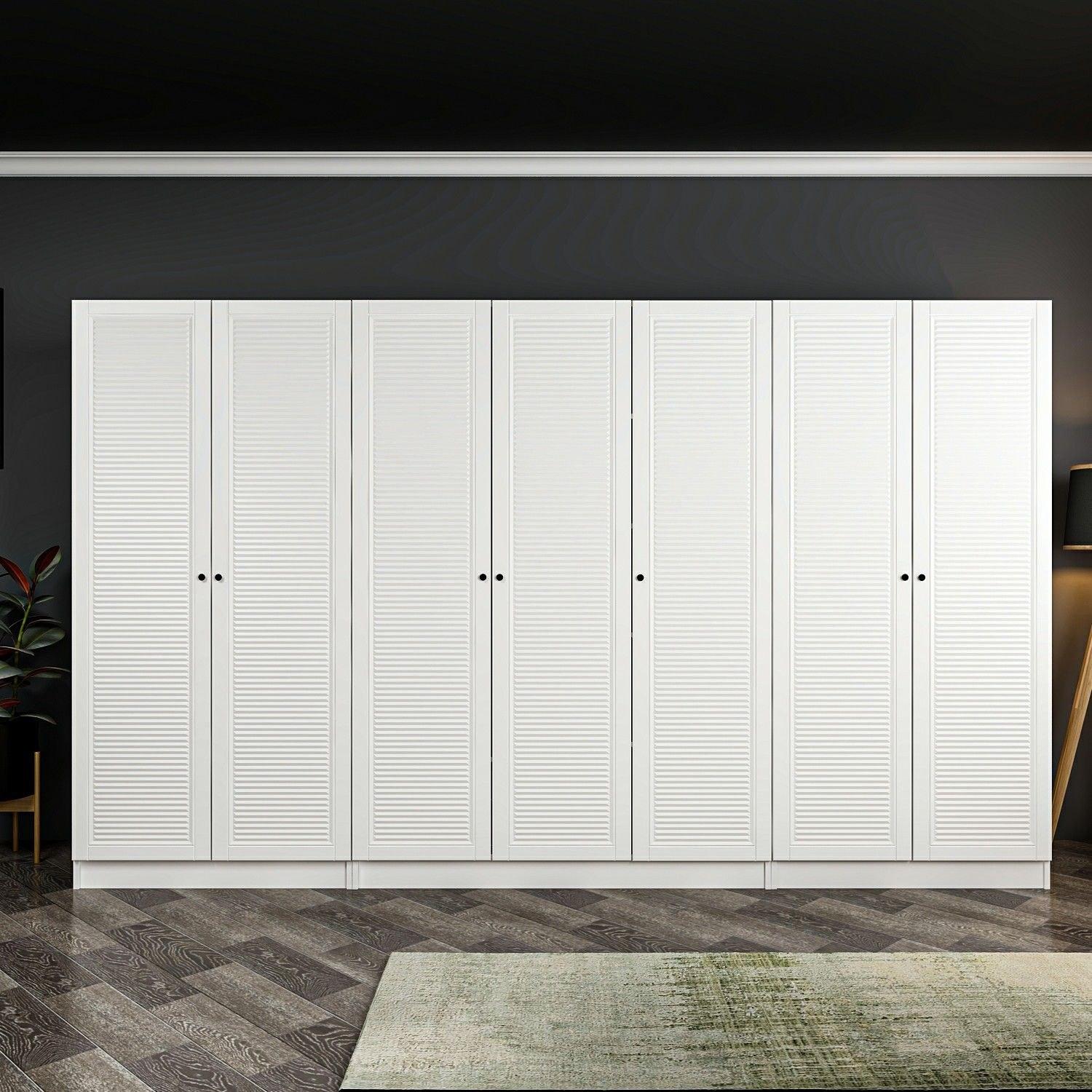 FUNZI LIVING Mebran 8395 garderob, w. 7 dörrar, 5 hängstänger, 2 lådor, hyllor - vit melamin