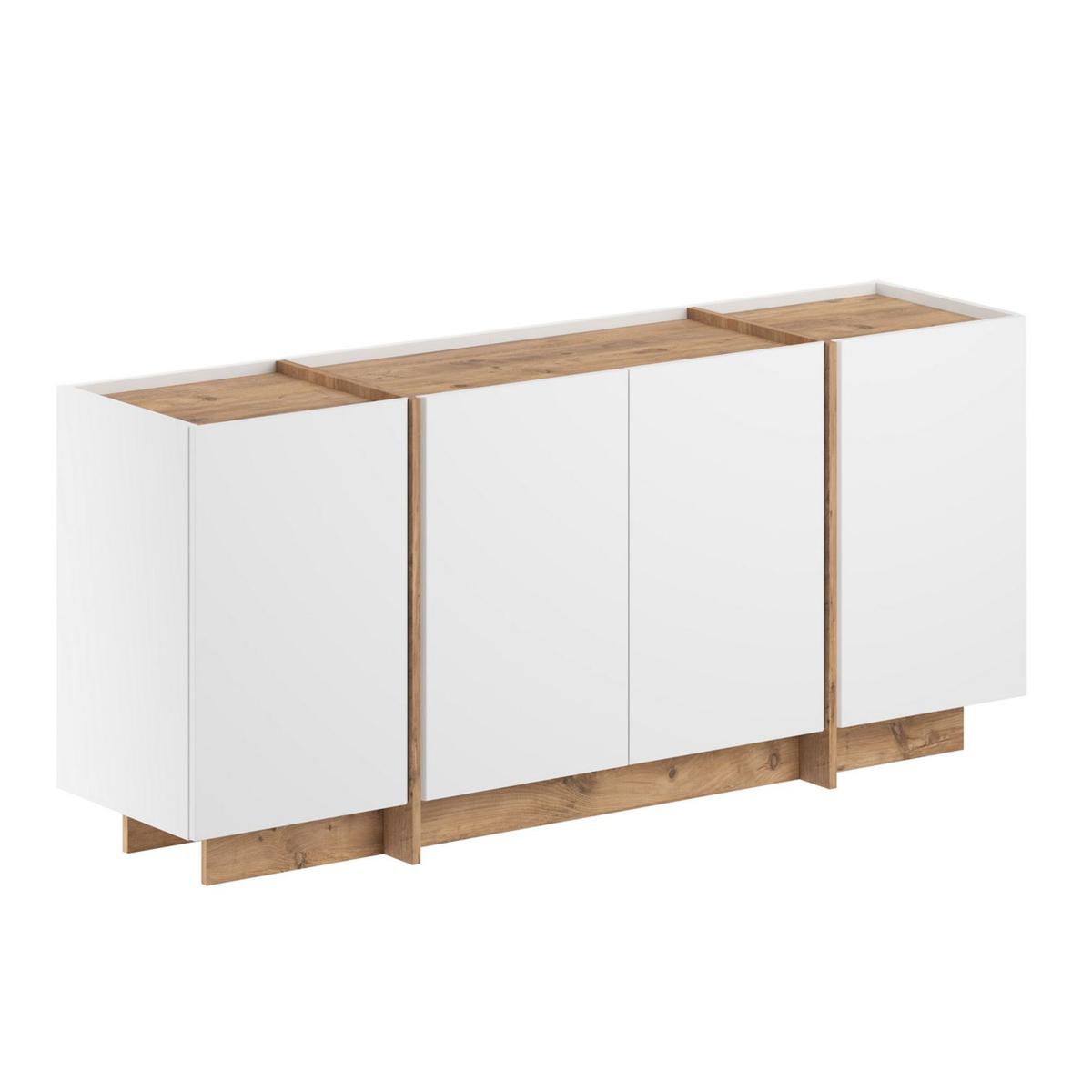 NORDVÄRK Dorma skänk, med 4 dörrar och 4 hyllor - vit och melamin i atlantisk furu