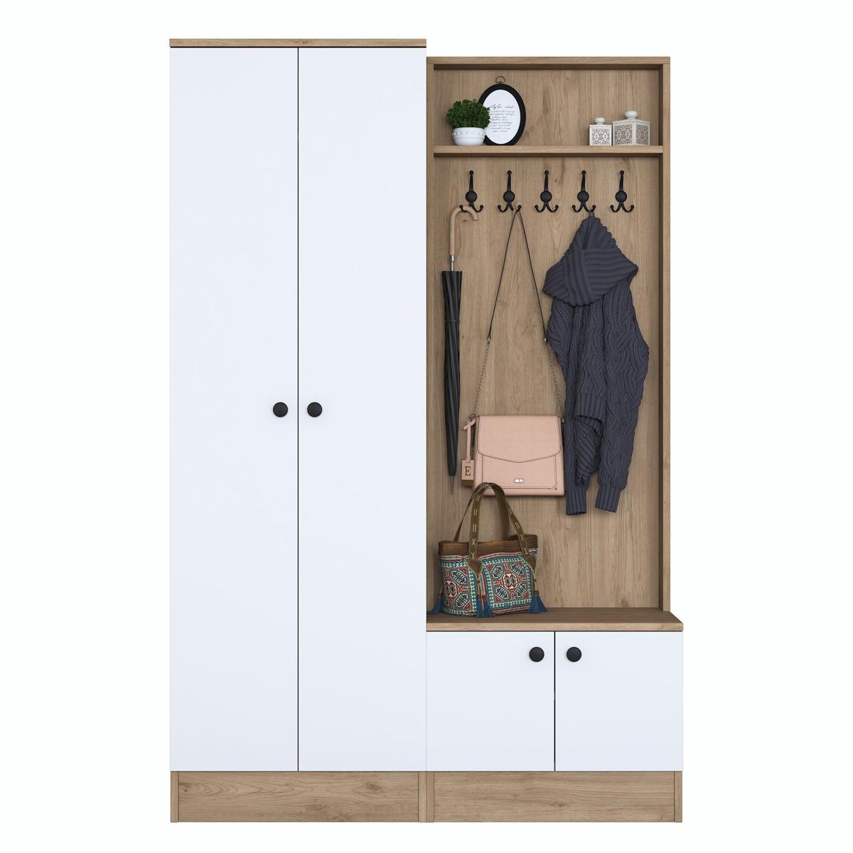 FUNZI LIVING P6 - M11 entrémöbelset, med krokar, 4 dörrar och 9 hyllor - vit och brun melamin