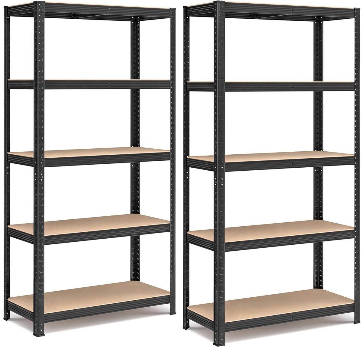SONGMICS 5-vånings kraftig hyllenhet, set med 2 stålhyllor, skruvlös montering, för garage, bod, lastkapacitet 740 kg per enhet, 41 x 89 x 190 cm, svart GLR042B01