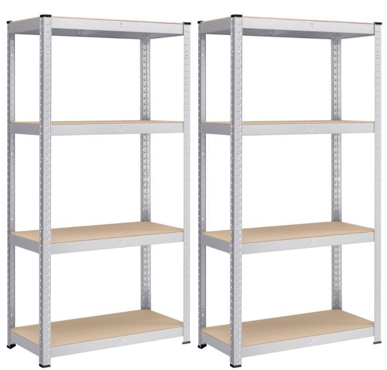 Set med 2 stålhyllor och MDF-skivor med möjlighet till delning, höjdjustering var 3 cm, förstärkningar och skyddande benskydd