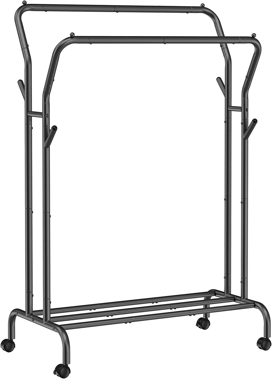 SONGMICS Klädstång, klädhängare, dubbel klädstång, kraftig metallram, med hjul och hylla, 100 kg total max. Last, 103,5 cm bred, klädförvaring, svart HSR107B01