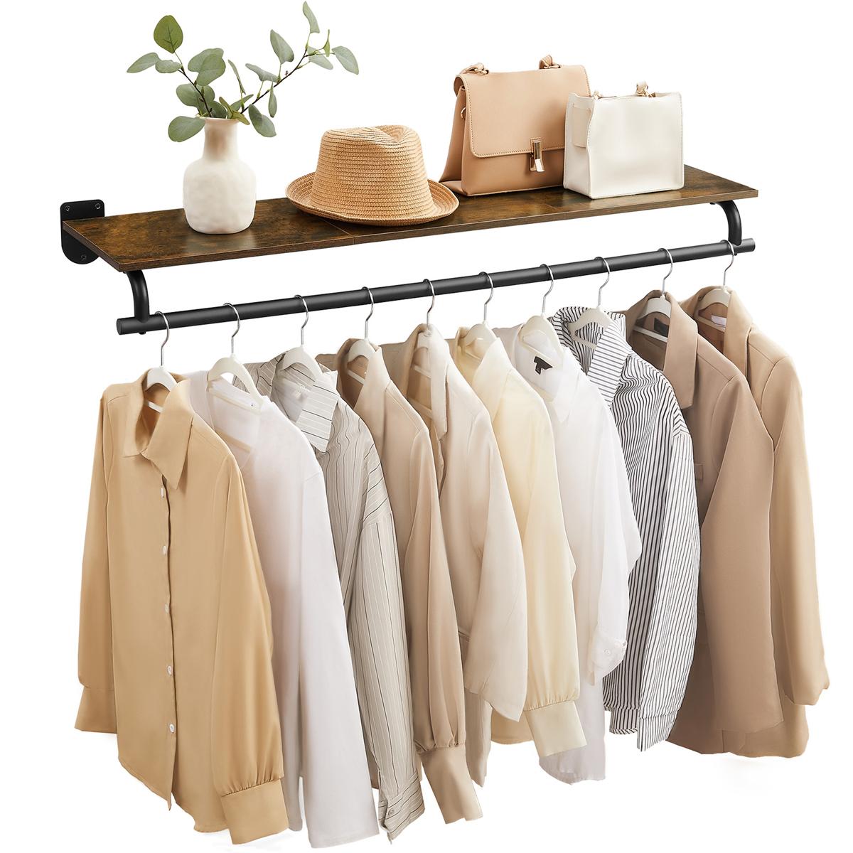 SONGMICS väggmonterad klädhängare, vägghylla med upphängningsstång, lastkapacitet upp till 60 kg, 28 x 109 x 13,2 cm, entréhall, sovrum, klädkammare, rustik brun och bläcksvart HSR135B01