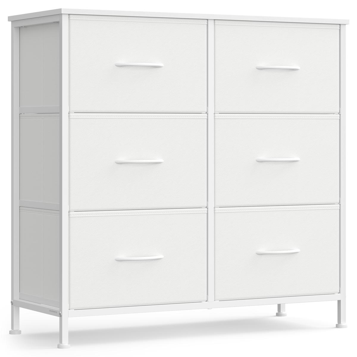 SONGMICS Sovrumsbyrå, Stål, MDF, 6 lådor i non-woven tyg, Förvaringsenhet, Skåp, Hall, Molnvit och Snövit ULGS123WH01