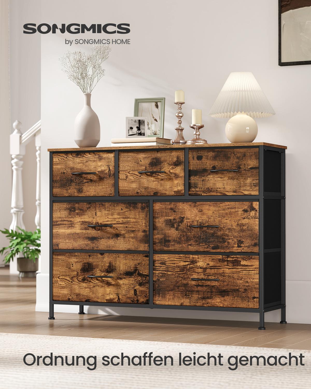 SONGMICS Byrå, 7 lådor sovrum, förvaringsmöbel, stål, MDF, non-woven tyg, för sovrum, garderob, hall, vardagsrum, rustik brun och bläcksvart LGS323BH04
