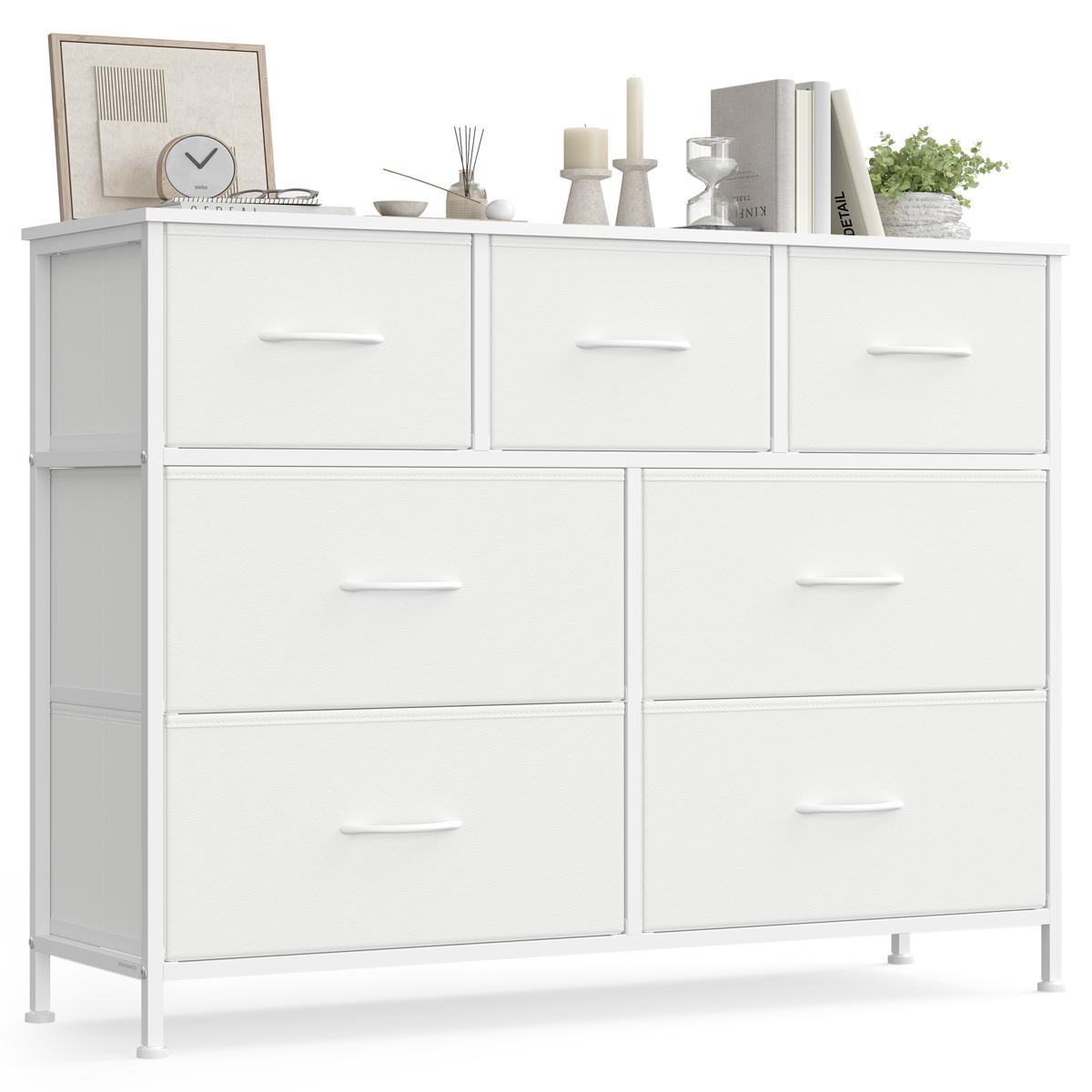 SONGMICS BELLAH Kollektion - Byrå, Förvaringsmöbel, Stål, För Sovrum, Skåp, Hall, Vardagsrum, 7 Lådor, Modern, Molnvit och Snövit LGS323WH01