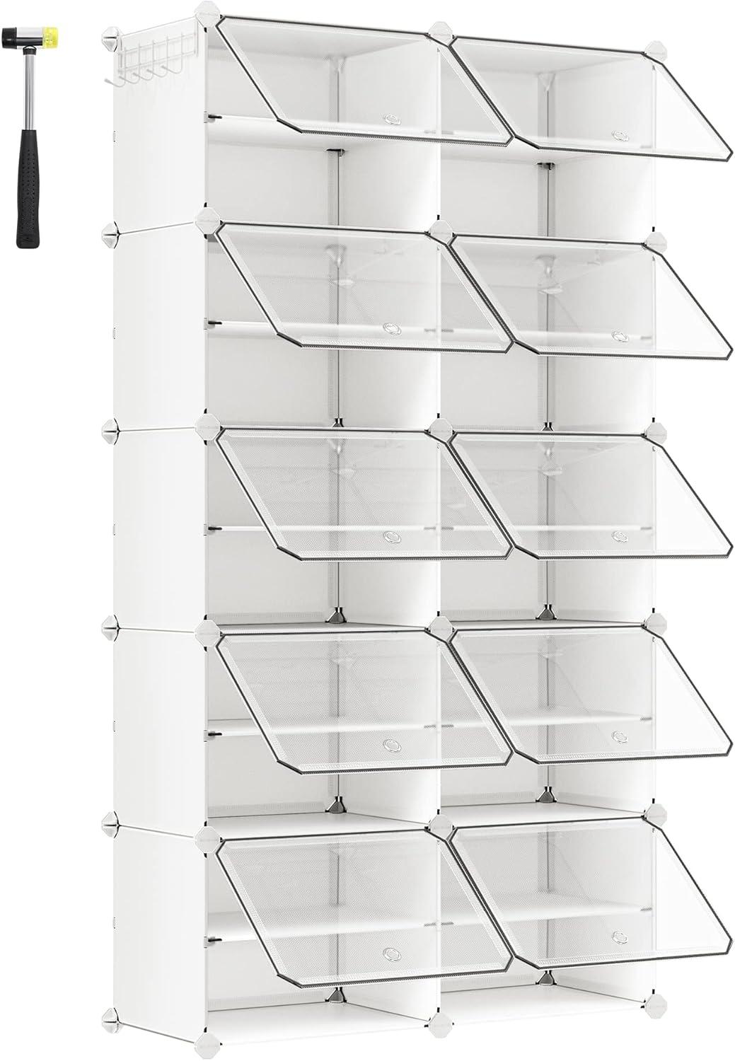SONGMICS sammankopplande skohylla, skoskåp i plast, modulär förvaringsenhet med 10 platser, 30 x 40 x 30 cm för varje plats, med dörrar, stålram, plastpaneler, vit LPC035W01