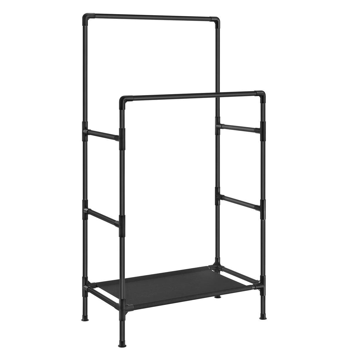 SONGMICS Klädställning, Torkställning för kläder, Metallställning med 2 hängställ och förvaringshylla, Max belastning 55 kg, Enkel montering, Svart RDR001B02