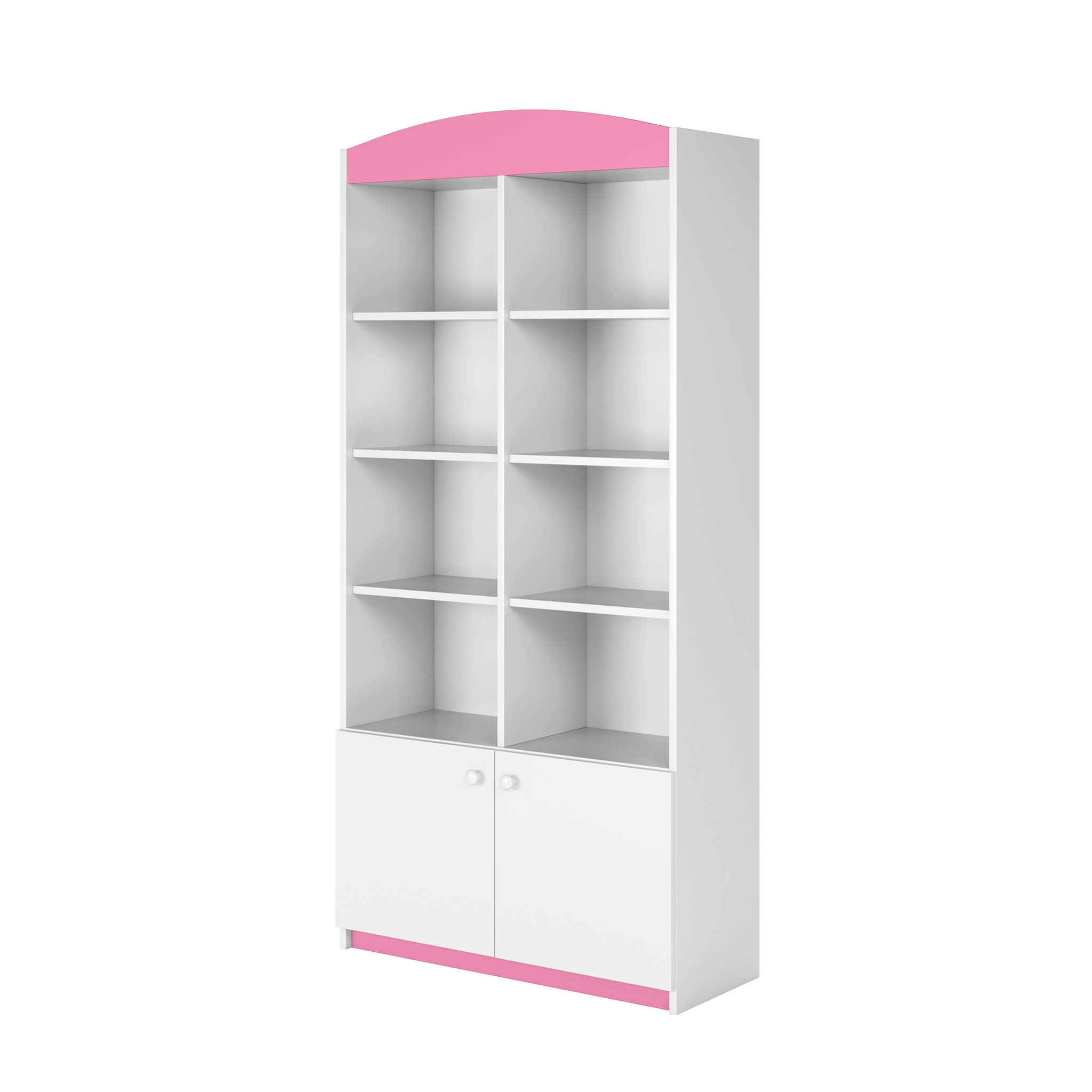Babydreams barnbokhylla, med 2 dörrar och 8 hyllplan - vit och rosa laminat