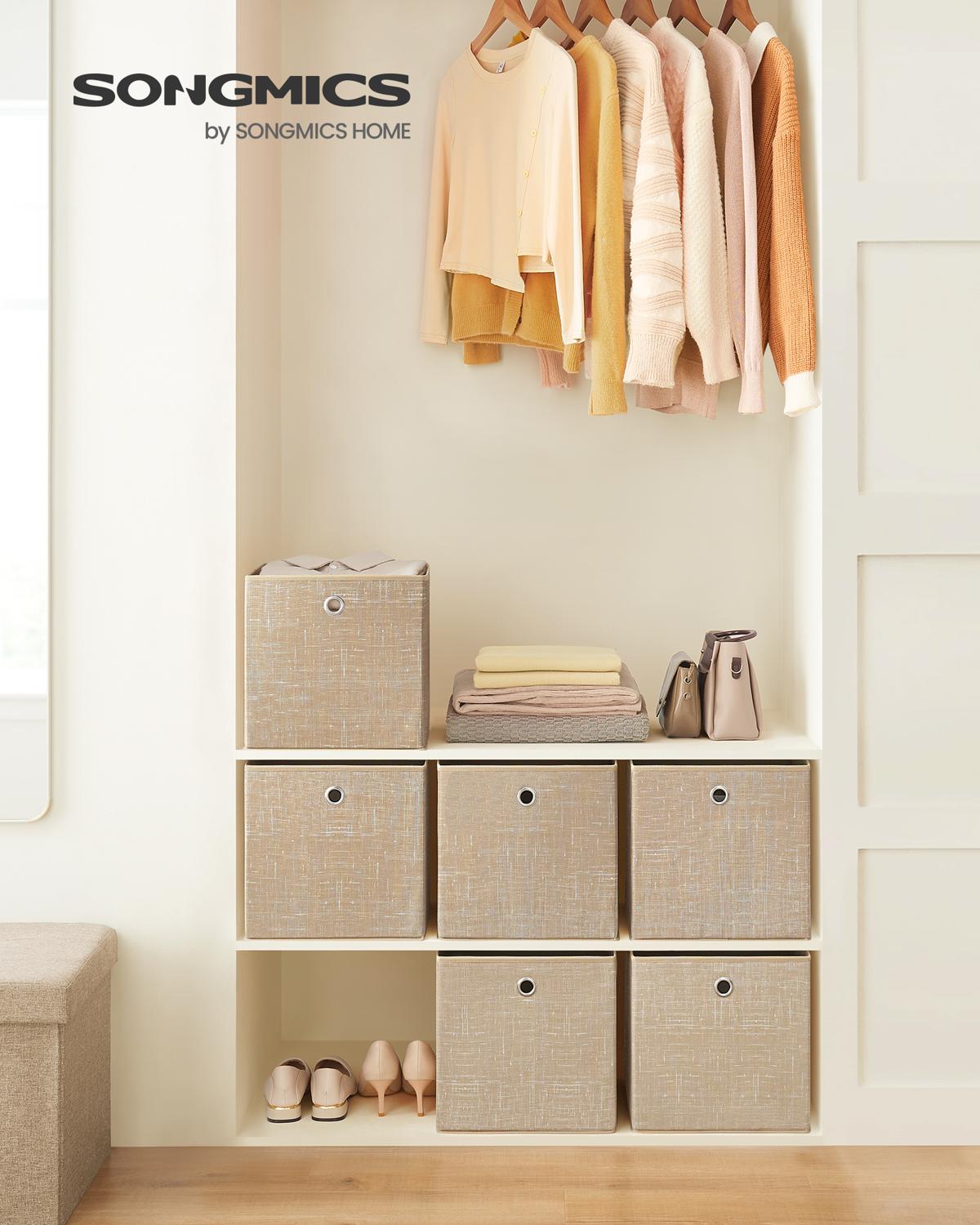 SONGMICS Förvaringslådor, Set med 6 lådor av non-woven tyger med handtag, 30 x 30 x 30 cm, Passar till kubförvaring, för hyllor, Hopfällbar, Klädorganisatör, Sandbeige RFB006K03