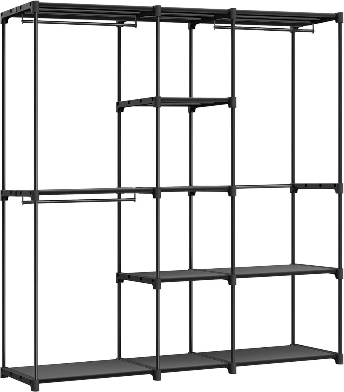 SONGMICS Bärbar öppen garderob, klädställning, fristående garderob med klädställningar och tyghyllor för sovrum, 43 x 182 x 182 cm svart RYG037B02