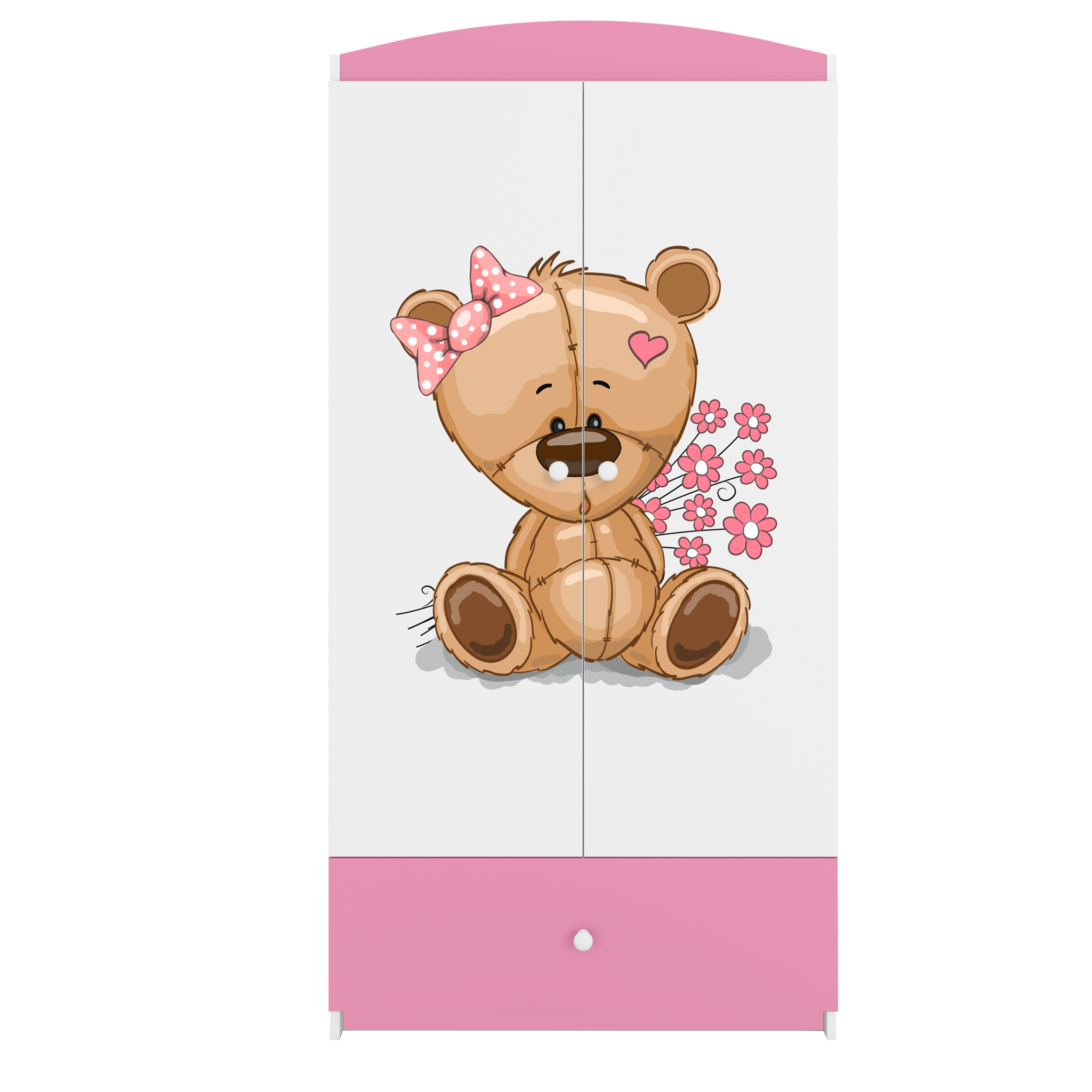 Babydreams garderob för barn med nallebjörn och blommor, med 2 dörrar, 1 låda - vit/rosa laminat