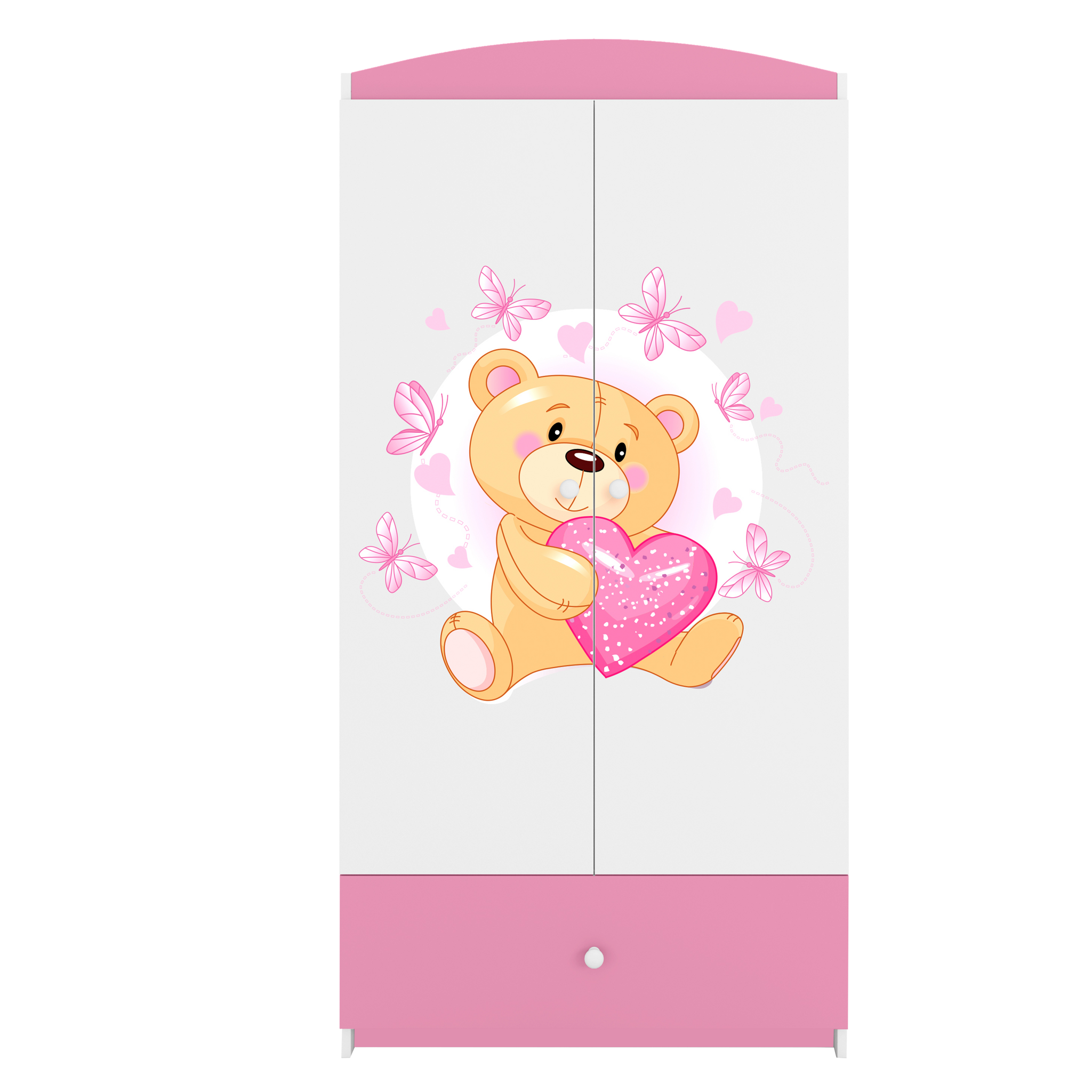 Babydreams garderob för barn med nallebjörn och fjärilar, med 2 dörrar, 1 låda - vit/rosa laminat