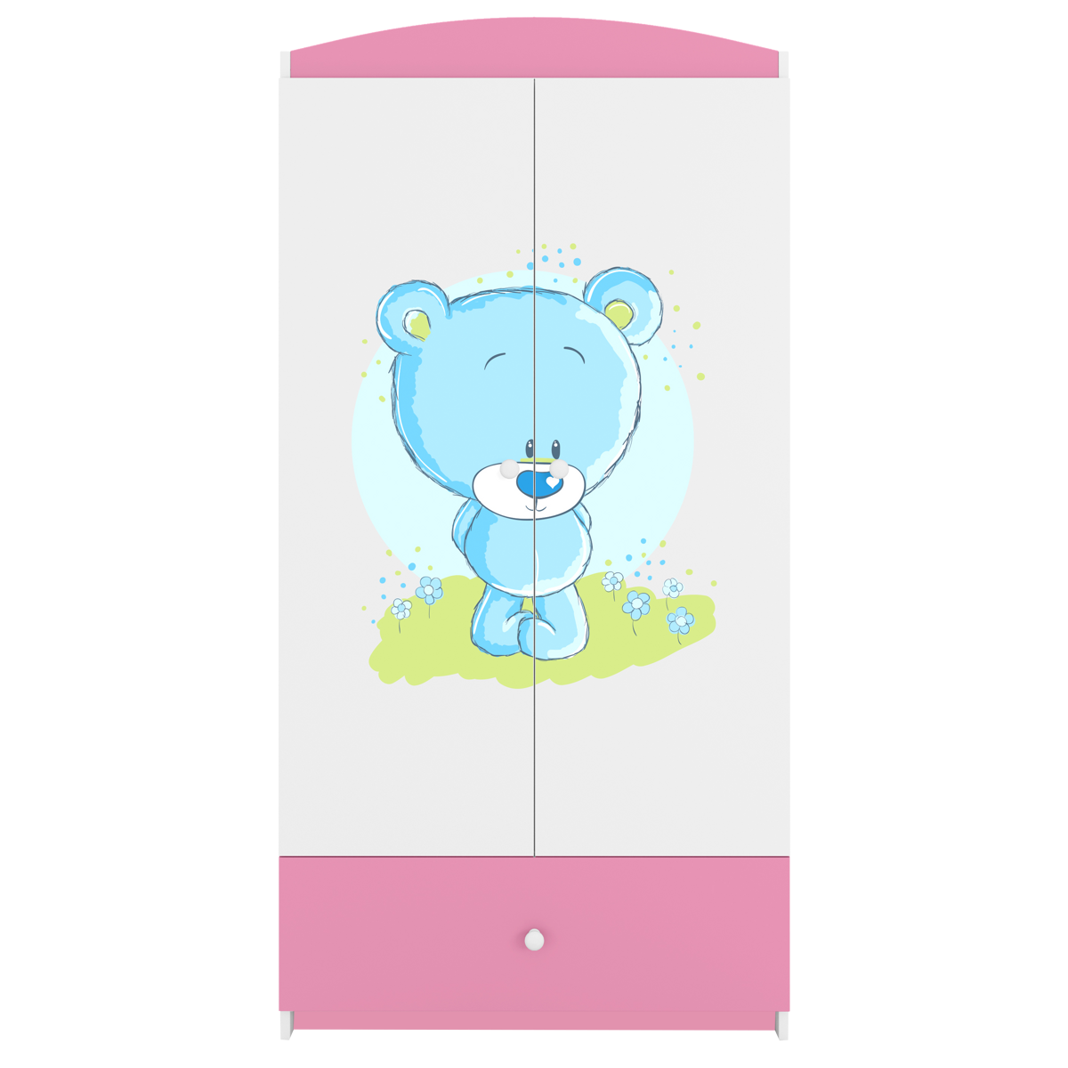 Babydreams garderob för barn med blå nallebjörn, med 2 dörrar, 1 låda - vit och rosa laminat