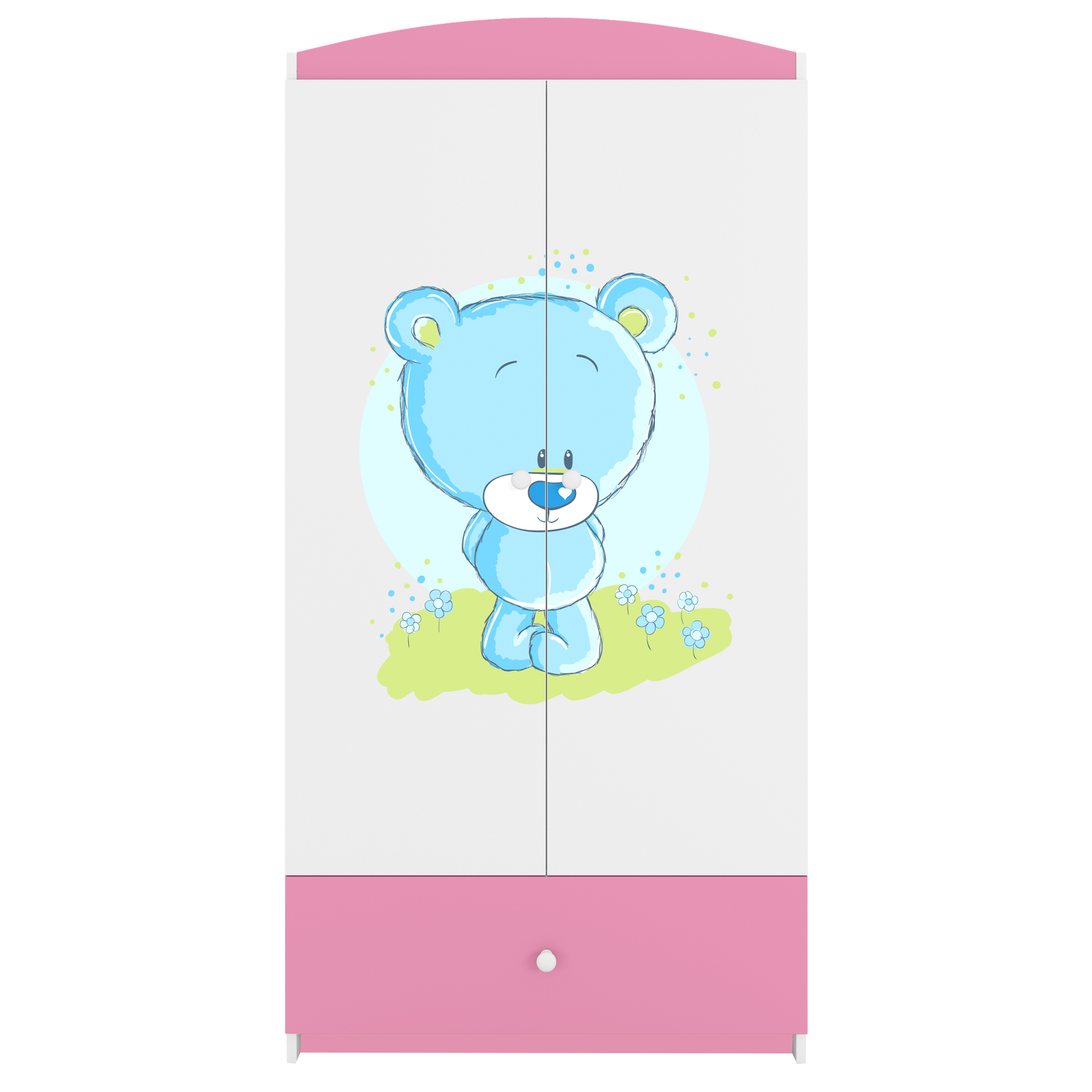 Babydreams garderob för barn med blå nallebjörn, med 2 dörrar, 1 låda - vit och rosa laminat