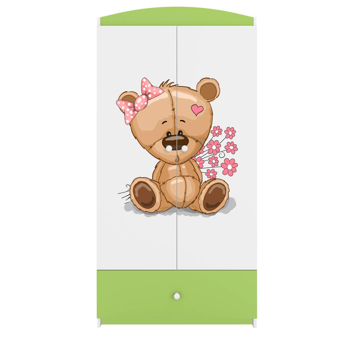 Babydreams garderob för barn med nallebjörn och blommor, med 2 dörrar, 1 låda - vit/grön laminat