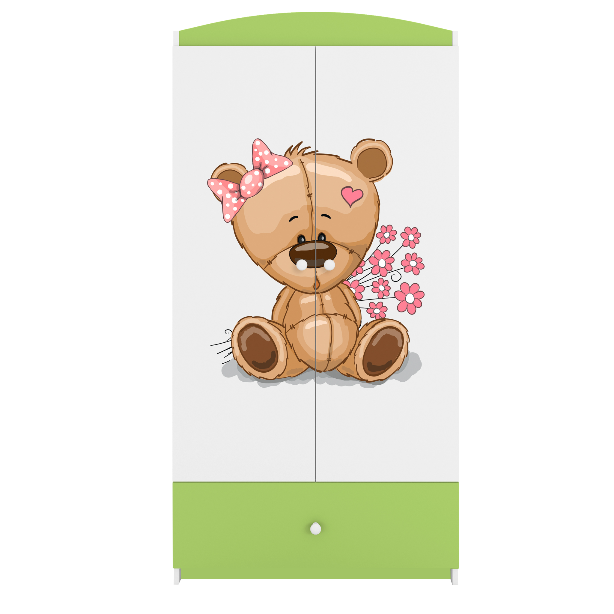 Babydreams garderob för barn med nallebjörn och blommor, med 2 dörrar, 1 låda - vit/grön laminat