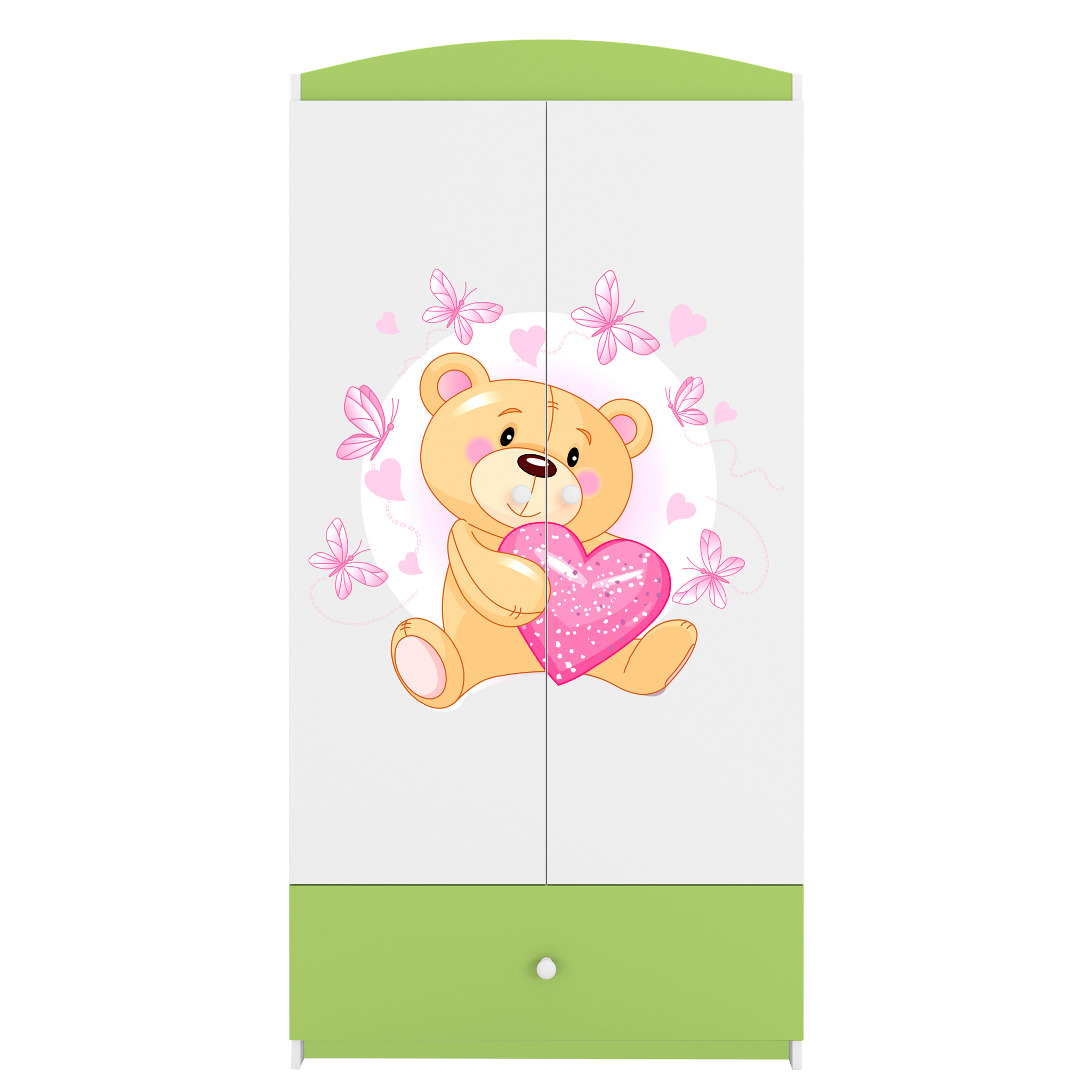 Babydreams garderob för barn med nallebjörn och fjärilar, med 2 dörrar, 1 låda - vit/grön laminat