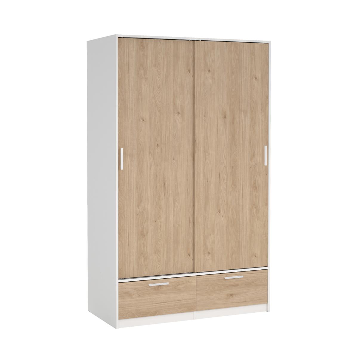 TVILUM Madrid garderob, med 2 skjutdörrar, klädstång, hyllor, 2 lådor - Jackson Hickory och vitt trä