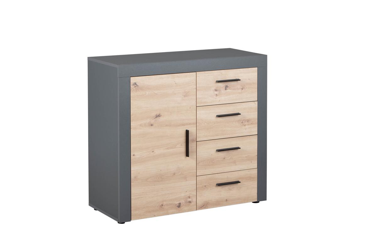NORDIC LIVING COLLECTION Corbeto byrå, med 1 dörr och 4 lådor - Hantverksmässig eklook och antracitgrå melamin
