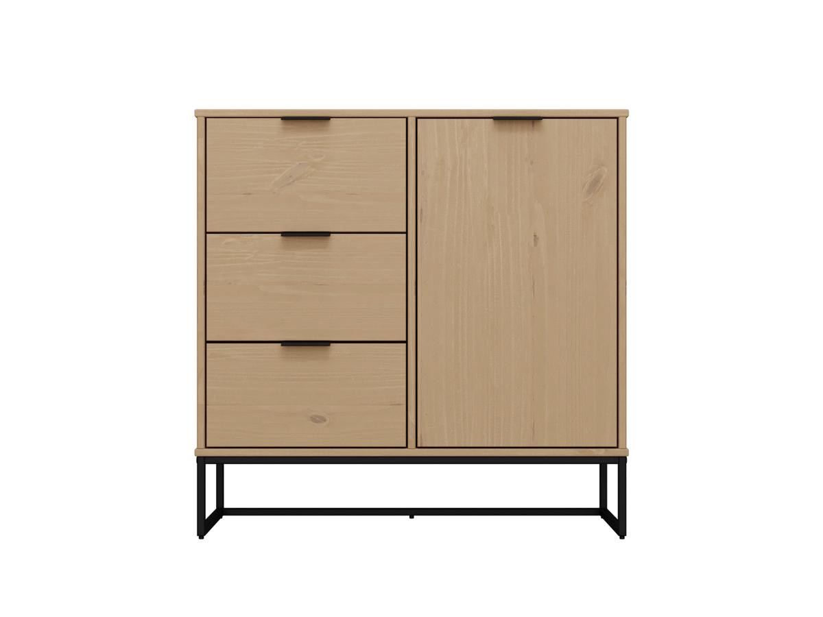 NORDIC LIVING COLLECTION Vivo skänk, med 1 dörr, 3 lådor, 1 hyllplan - naturlig furu lackerad i Oak Colori och svart metall