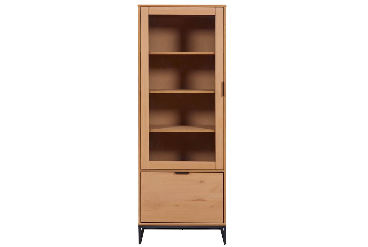 NORDIC LIVING COLLECTION Vivo vitrinskåp, med 1 glasdörr, 1 låda, 3 hyllor - naturlig furu lackerad i Oak Colori och svart metall