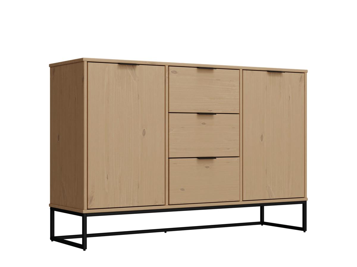 NORDIC LIVING COLLECTION Vivo skänk, med 2 dörrar, 3 lådor, 2 hyllor - naturlig furu lackerad i Oak Colori och svart metall