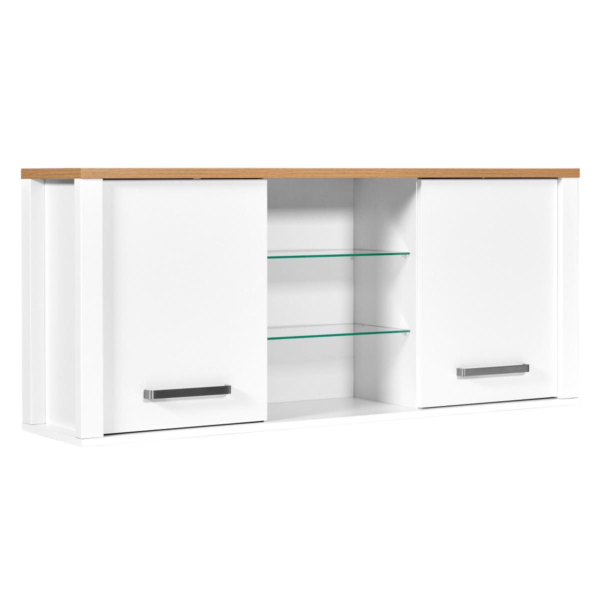 NORDIC LIVING KOLLEKTION Sicilia köksväggskåp, med 2 dörrar, 4 hyllor - glas och naturlig hantverksmässig ekfinish och vit melamin