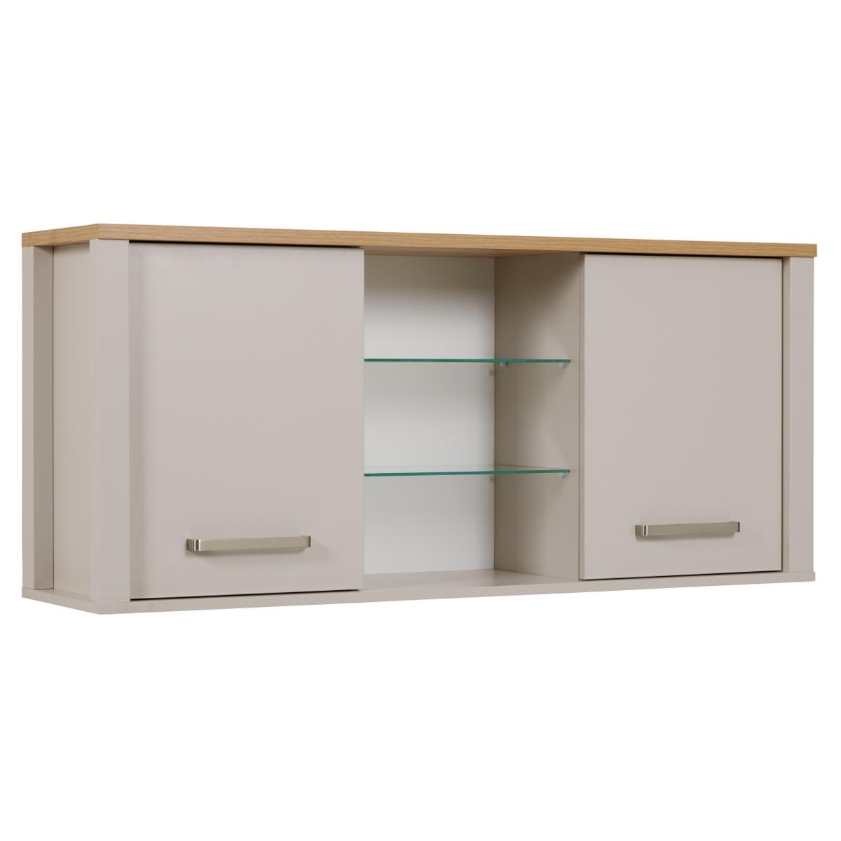 NORDIC LIVING KOLLEKTION Sardegna köksväggskåp, med 2 dörrar, 4 hyllor - glas och naturlig hantverksmässig ekfinish och kashmirmelamin