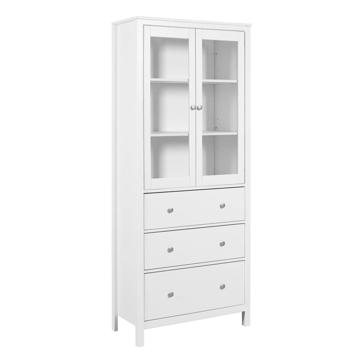 NORDIC LIVING KOLLEKTION Chilly Home vitrinskåp, med 2 dörrar, 3 lådor och 2 hyllor - glas och vit furu
