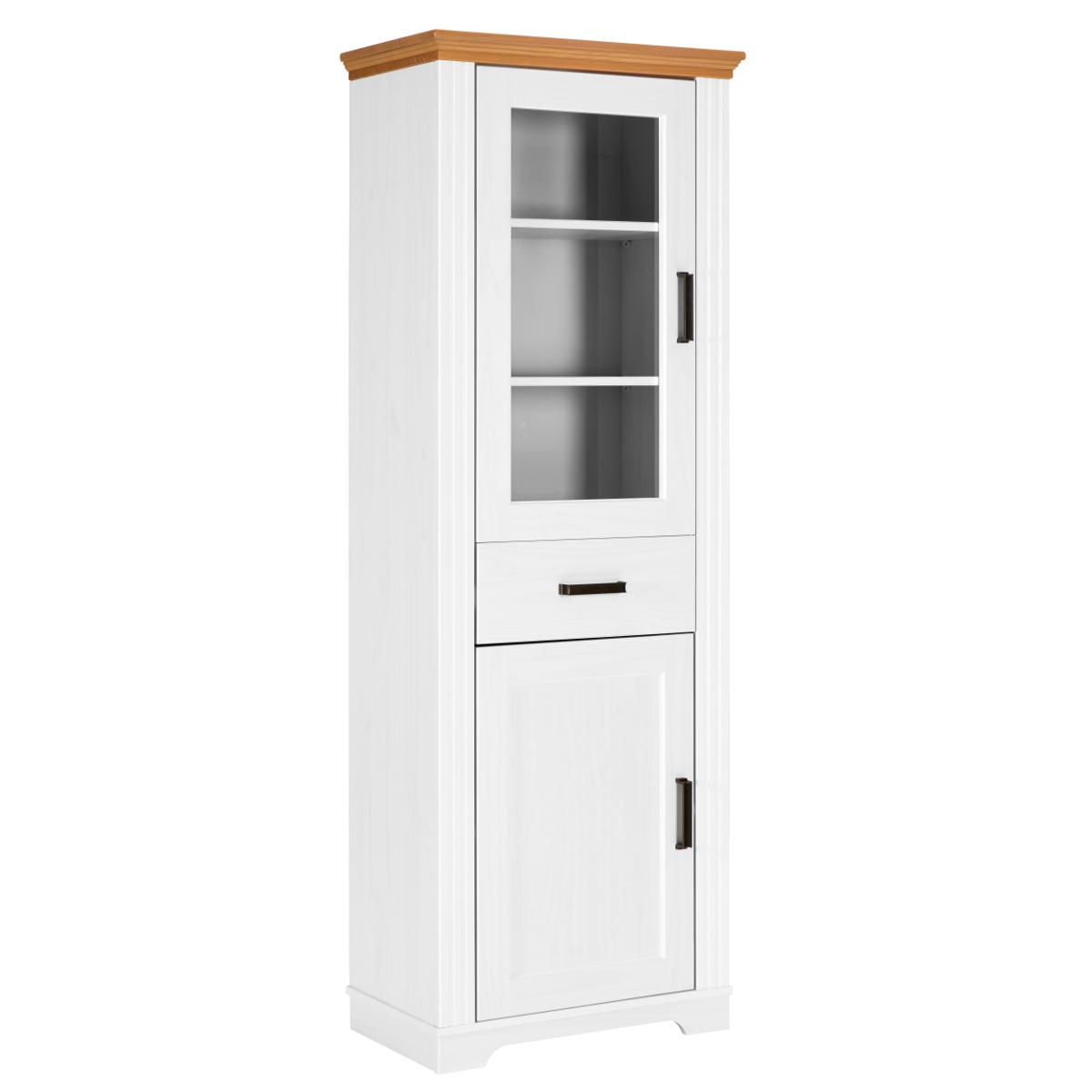 NORDIC LIVING COLLECTION Maluno pelarvitrinskåp, med 2 dörrar, 3 hyllor, 1 låda - glas och naturfärgad och vit furu