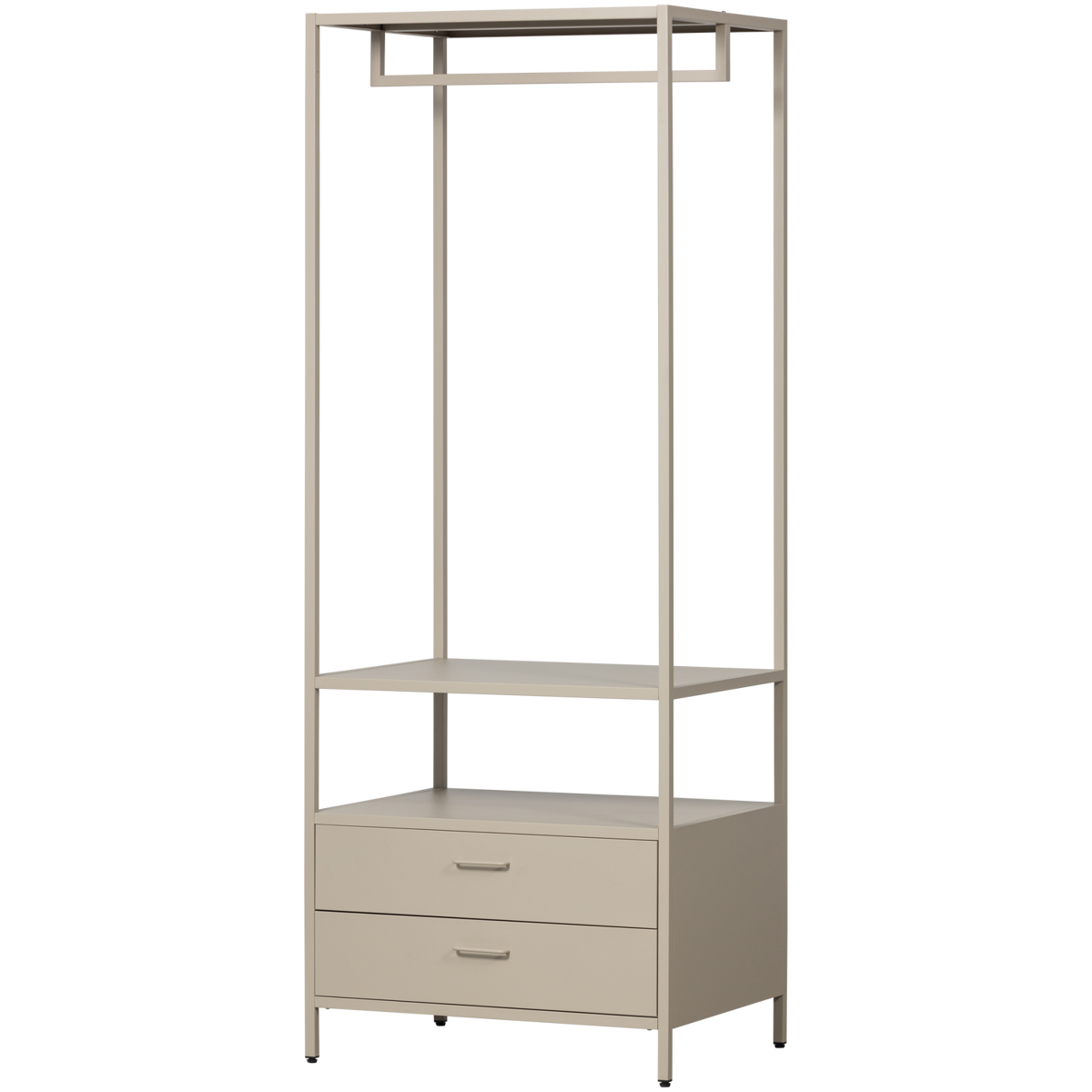 WOOOD Ferris öppen garderob, med 1 klädstång, 1 hyllplan och 2 lådor - sandmetall (B:70cm)