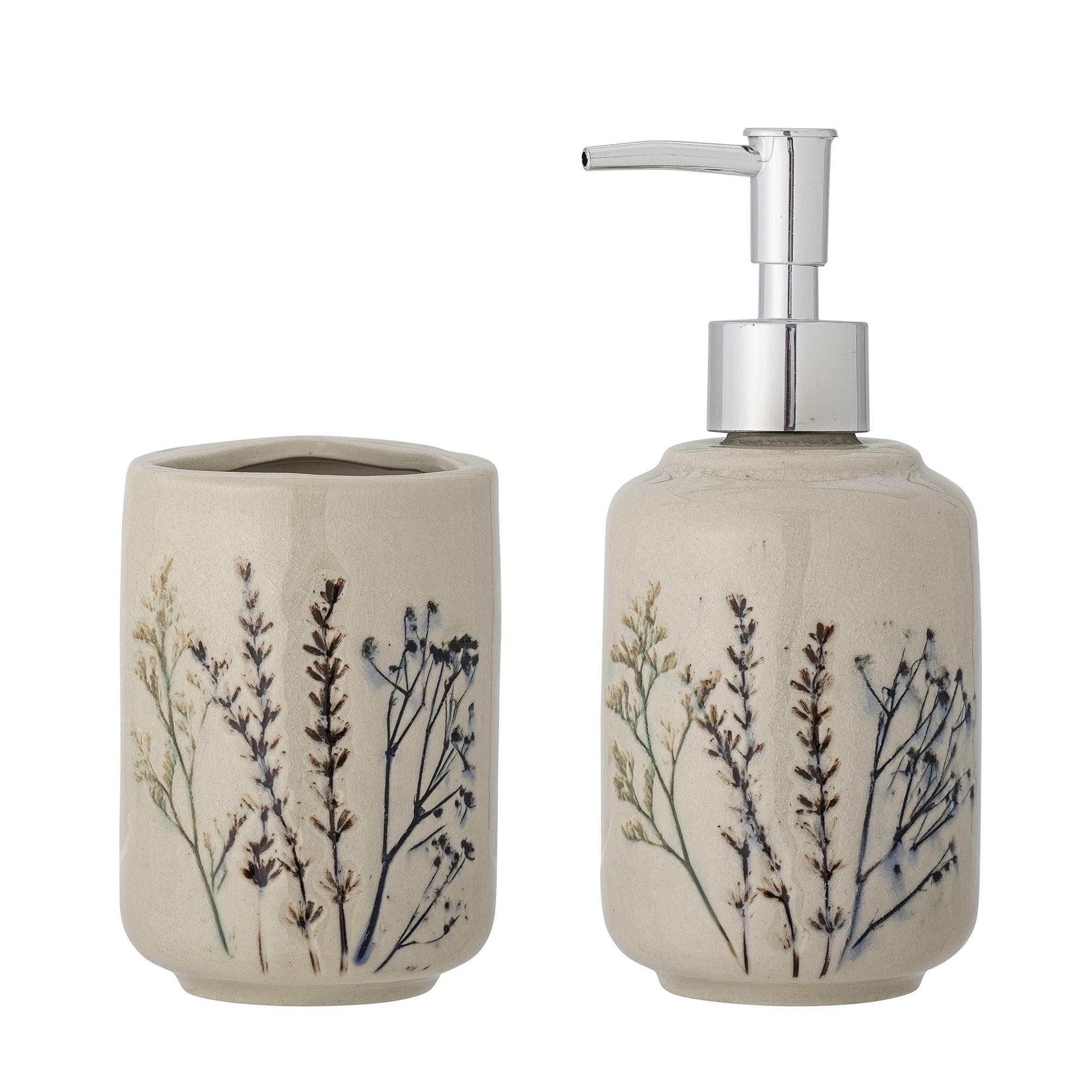 BLOOMINGVILLE Bea Tvåldispenser Set, Natur, Stengods, Set om 2, D8xH11/D8xB18 cm