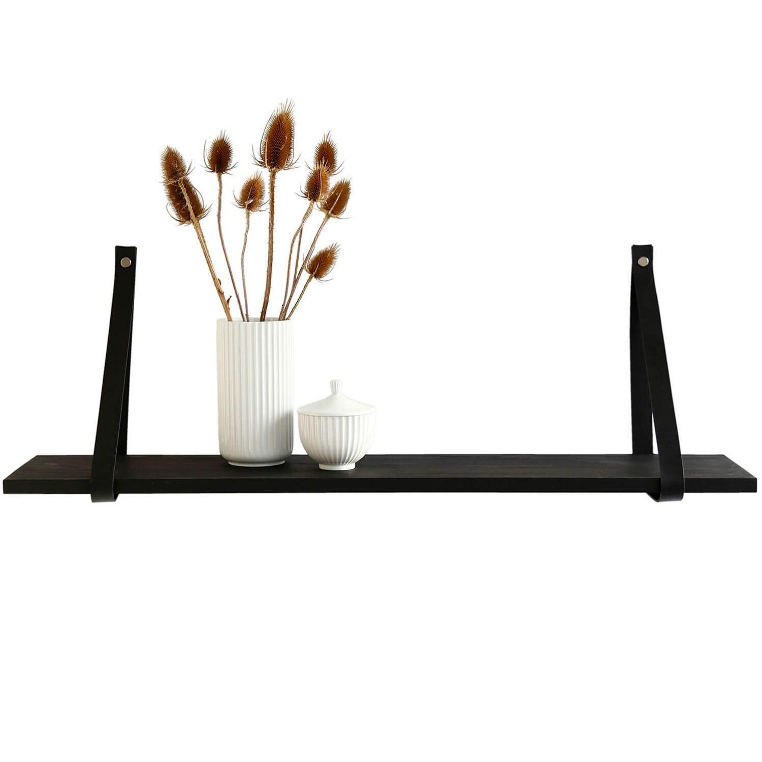 NocNoi Harre Vig vägghylla - svartoljad ek med svart läderband, 50-100 50x20 cm